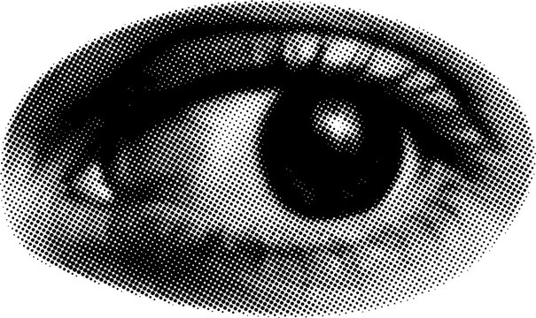 Dotted pop art style open human eye, retro halftone collage eye vector illustration, mixed media design element, vintage grunge punk art stencil, bitmap pattern.