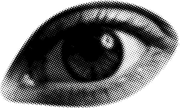 Mixed media design element eye, retro halftone collage eye vector illustration, dotted pop art style open human eye, vintage grunge punk art stencil, dot texture.