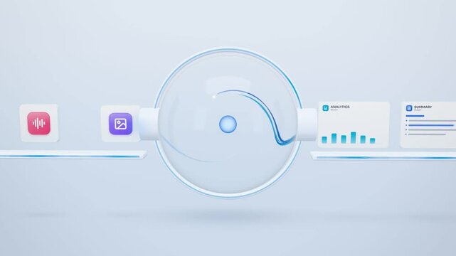 Data processing conveyor, file icons pass through a glass AI sphere and exit as insight cards, seamless loop