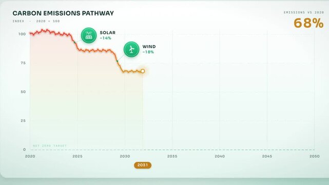 Carbon emissions pathway chart falls step by step from 2020 to net zero by 2050 as green milestones appear