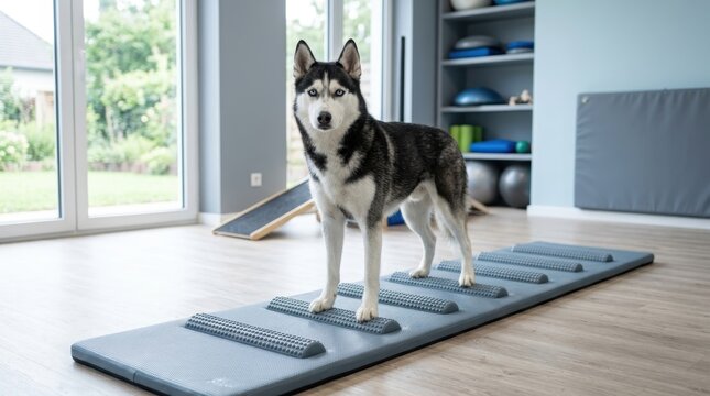 Siberian husky standing on balance board in rehabilitation clinic. Canine physiotherapy and recovery training. Dog fitness, mobility and injury prevention exercise. Pet health care concept.