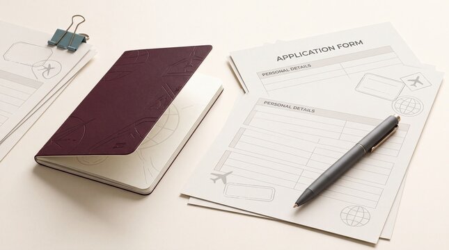 Travel documents and application forms on a desk with bureaucracy