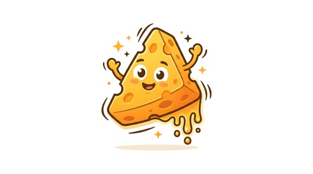 A cute and happy cartoon character of a triangular cheese slice with a smiling face, waving hands, and melting cheese drips, isolated on a white background.