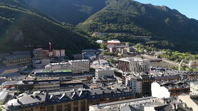 Aerial view of Andorra la Vella with modern buildings and historic architecture nestled in the Pyrenees mountains, Andorra la Vella, Andorra la Vella, Andorra.