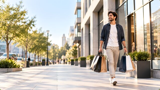 Happy Man Shopping with Bags in City Center