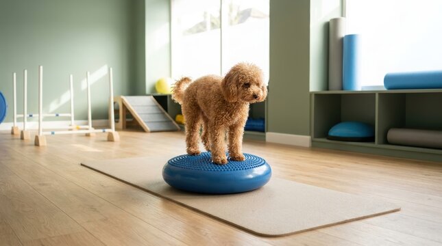 Poodle standing on blue balance disc in bright rehabilitation room with exercise equipment. Canine physiotherapy and physical rehabilitation. Balance training, strength and mobility exercise