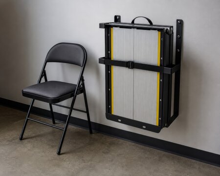 Accessible polling place threshold ramp stored upright beside a stable chair after operations