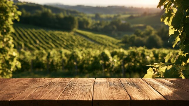 Empty wooden table surface is in foreground with blurred vineyard rows in background under warm golden afternoon light during summer.