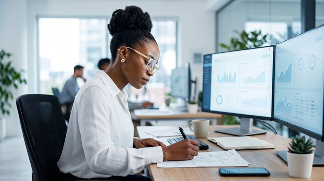 Focused black businesswoman analyzing data and writing notes in a modern office