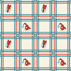 Seamless Christmas plaid pattern with gift box and hat. Season greetings wallpaper. © NATTHAPHORN