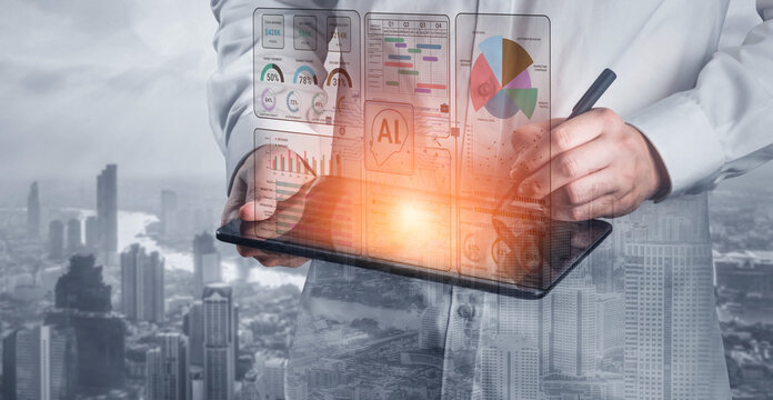 Professional in White Coat Analyzing Data on Digital Tablet with Infographics and Charts Over City Skyline Background. Sentient.