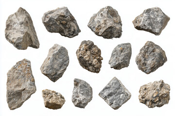Obraz premium Collection of Twelve Natural Gray Rocks and Mineral Stones Isolated on White