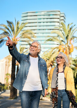 Vertical. Happy senior couple walking hand in hand through a sunny city park as the man points toward a distant landmark. Candid scene conveying companionship, active aging and shared exploration.