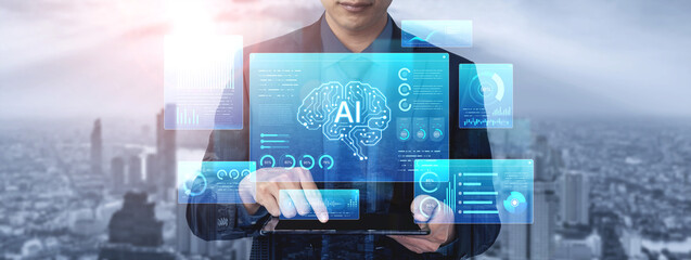 Obraz premium Comprehensive AI monitoring dashboard featuring neural network brain AI core surrounded by various AI data analytics widgets, charts, and voice recognition UI. AI High-tech data science. Corpus