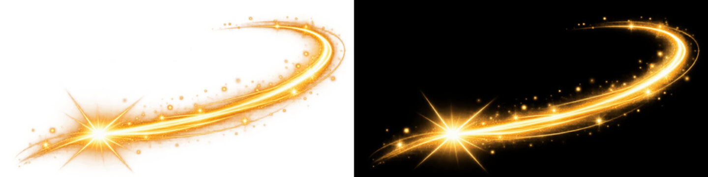 Golden light trail with glowing sparkles, magical star dust swirl effect for holiday banner, festive celebration, and creative overlay design, isolated on transparent background png