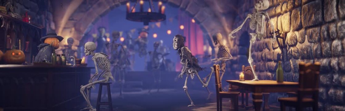 Spooky dungeon pub Halloween party with funny dancing skeletons, zombie guests, pumpkin head bartender and music band on stage, 3D animation video