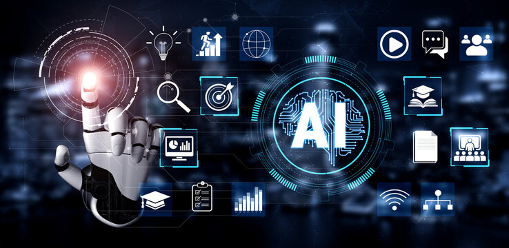 Futuristic Touchpoint with Robotic Hand Interacting with Digital AI Icons and Graphical User Interface Elements in a High-Tech Setting Quark.