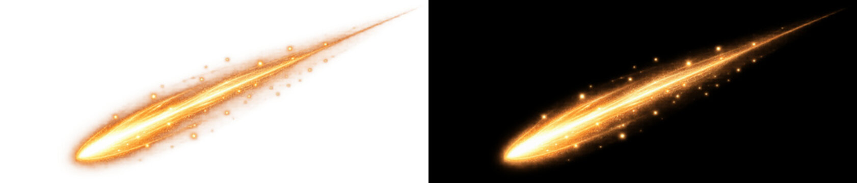 Golden comet tail with glowing light trail, bright shooting star streak with sparkle particles on transparent background for cosmic space design and magical energy effect png overlay