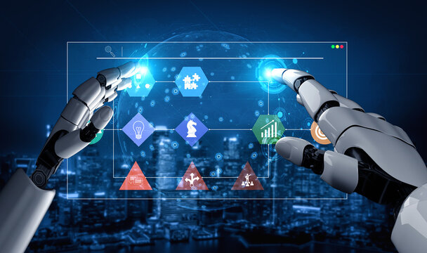 A pair of robotic hands reach toward a digital interface showcasing various icons against a high-tech urban background, symbolizing innovation and automation in technology. Nascent