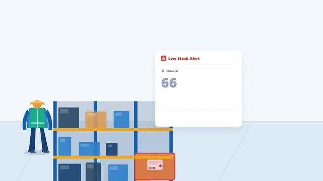 Warehouse inventory management animation showing a chemical product reaching low stock status, triggering a digital warehouse alert and a suggested restock quantity of 100 units.