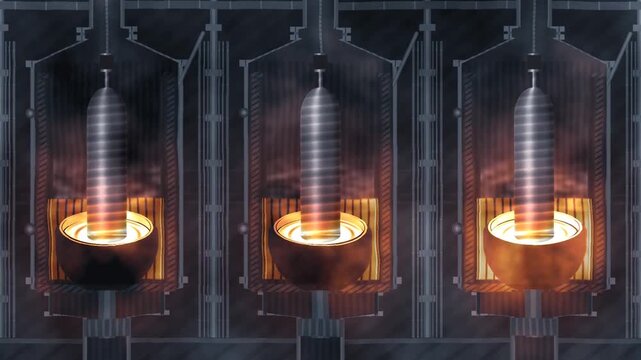 Czochralski crystal pulling with silicon boule rising from the melt, bright meniscus ring and growth striations in soft argon tones