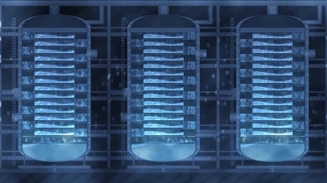 Distillation column cutaway with sieve trays, bubbling froth layers and downcomer liquid cascade, seamless loop in calm cryo tones