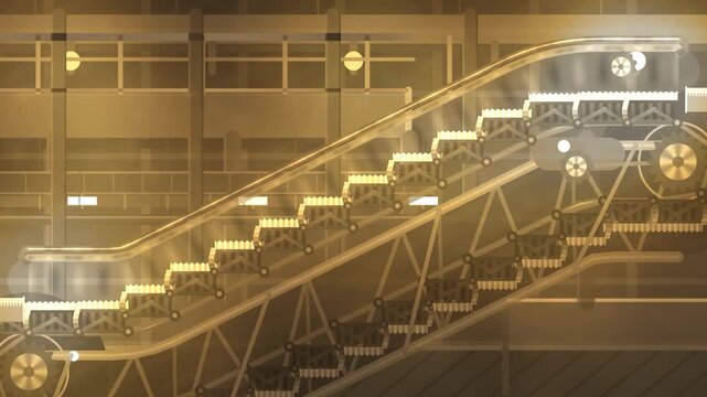 Escalator truss cutaway showing step chain, comb plate transition and returning steps on the underside loop in vibrant brass tones