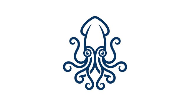 Stylistic dark blue line art illustration of a squid or cuttlefish with curly tentacles, clean vector icon isolated on a solid white background.