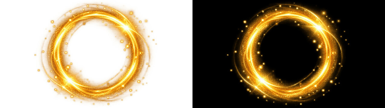 Gold glowing circle frame with sparkling magic light particles, 3D render of abstract swirl ring with bokeh effect on transparent background for festive banner design