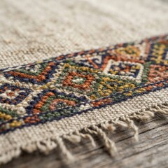 Fototapeta premium Woven linen table runner with ethnic geometric pattern home decor woven fabric geometric interior