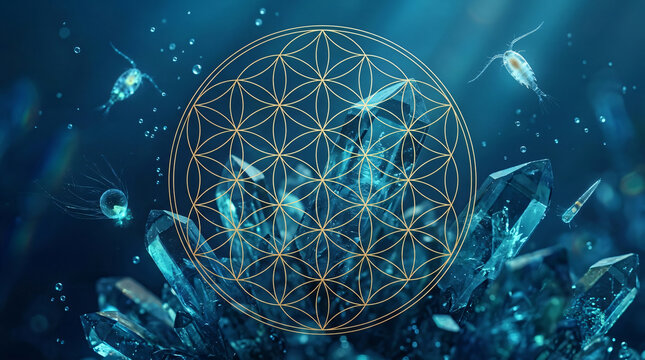 Golden Flower of Life Sacred Geometry Symbol Over Glowing Underwater Blue Crystals and Bioluminescent Microorganisms Background Stock Image