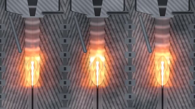 Laser welding keyhole cross section with vapour cavity, molten pool and solidification ripples along a vertical seam in deep arc tones