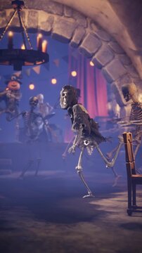 Funny Halloween party in dungeon pub with skeletons and zombies dancing, pumpkin head bartender at the bar and skeleton music band playing on stage, 3D animation
