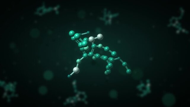 Rotating 3D molecule ball and stick model chemistry and pharmaceutical science background seamless loop in calm teal tones