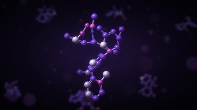 Rotating 3D molecule ball and stick model chemistry and pharmaceutical science background seamless loop in bright violet tones