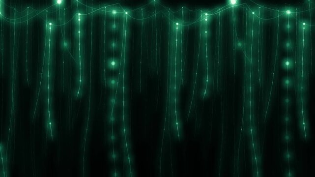 Glowworm silk threads hanging from a cave ceiling with beaded lights swaying in parallax layers overlay in subtle emerald tones