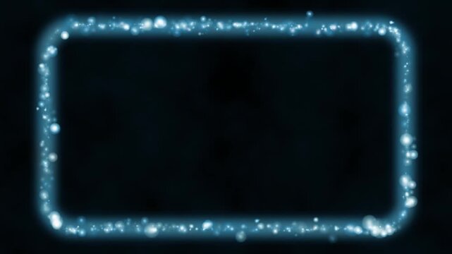 Light particles gathering into a frame border then dispersing again on black background, overlay element in bright ice tones