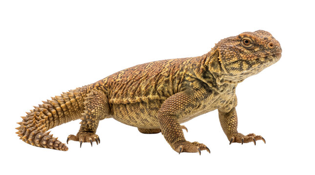 Spiny-tailed lizard isolated on white background, brown uromastyx reptile side view studio shot, desert lizard pet photography