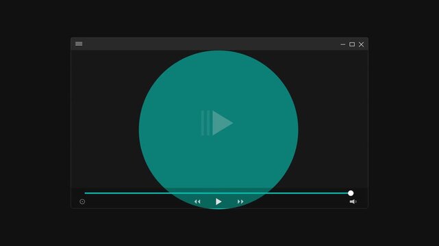 Minimalist media player interface mockup with turquoise playback circle on dark background