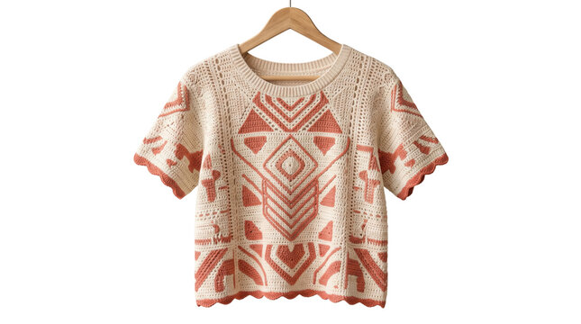 Boho geometric knitted short sleeve top on wooden hanger, cream and terracotta cotton knit blouse, modern ethnic casual summer knitwear apparel
