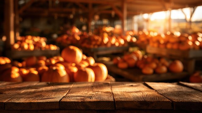 An empty rustic wooden table stands in front of a blurred pumpkin patch filled with orange pumpkins in warm light, perfect for product display.