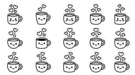 Fototapeta premium Cute Coffee Cups with Hearts and Steam.