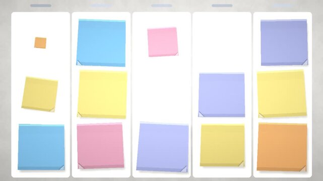Colorful Sticky Notes Appearing and Shuffling on a Kanban Board Seamless Loop in bright peach tones