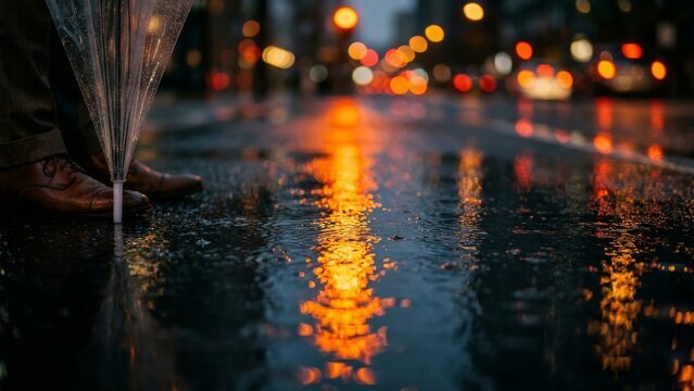 Urban Rain - Transparent Umbrella Tip on Wet City Street With Glowing Orange Light Reflections at Dusk