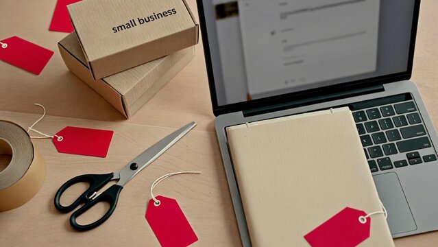 Business - Small business packaging station with laptop boxes and shipping labels