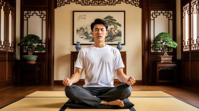 Zen Meditation in Traditional Room: A man finds inner peace meditating in a traditional room, embodying tranquility and mindfulness.