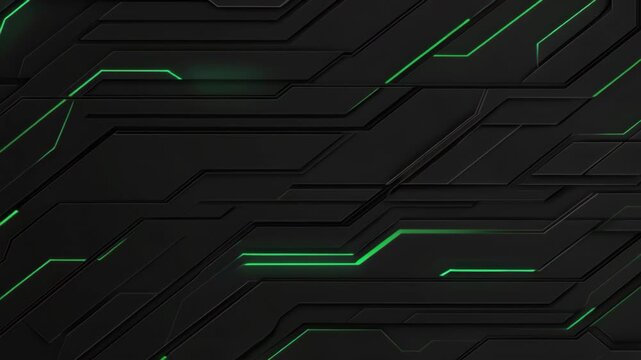 Futuristic Circuit Board Pattern: A dark, textured surface with illuminated green lines forming an intricate, futuristic circuit board pattern, suggesting advanced technology and digital complexity.