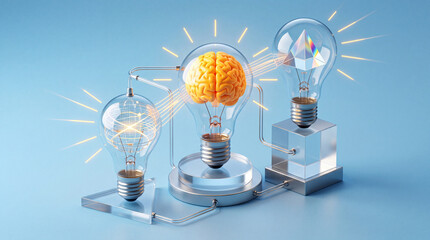 Obraz premium Conceptual 3D Illustration of Connected Light Bulbs Featuring a Human Brain, Optical Glass Prism, and Glowing Grid Sphere Representing Creative Thinking, Scientific Discovery, and Mental Logic