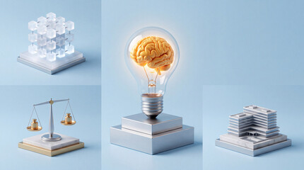 Obraz premium Conceptual composition of business and innovation elements including a glowing brain inside a lightbulb, a balance scale of justice, a modern office building model, and abstract data cubes.