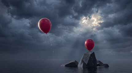 Obraz premium Surreal conceptual image featuring two red balloons over a dark ocean under a stormy sky, one balloon floating freely while the other is anchored to a rock, representing hope and restraint.